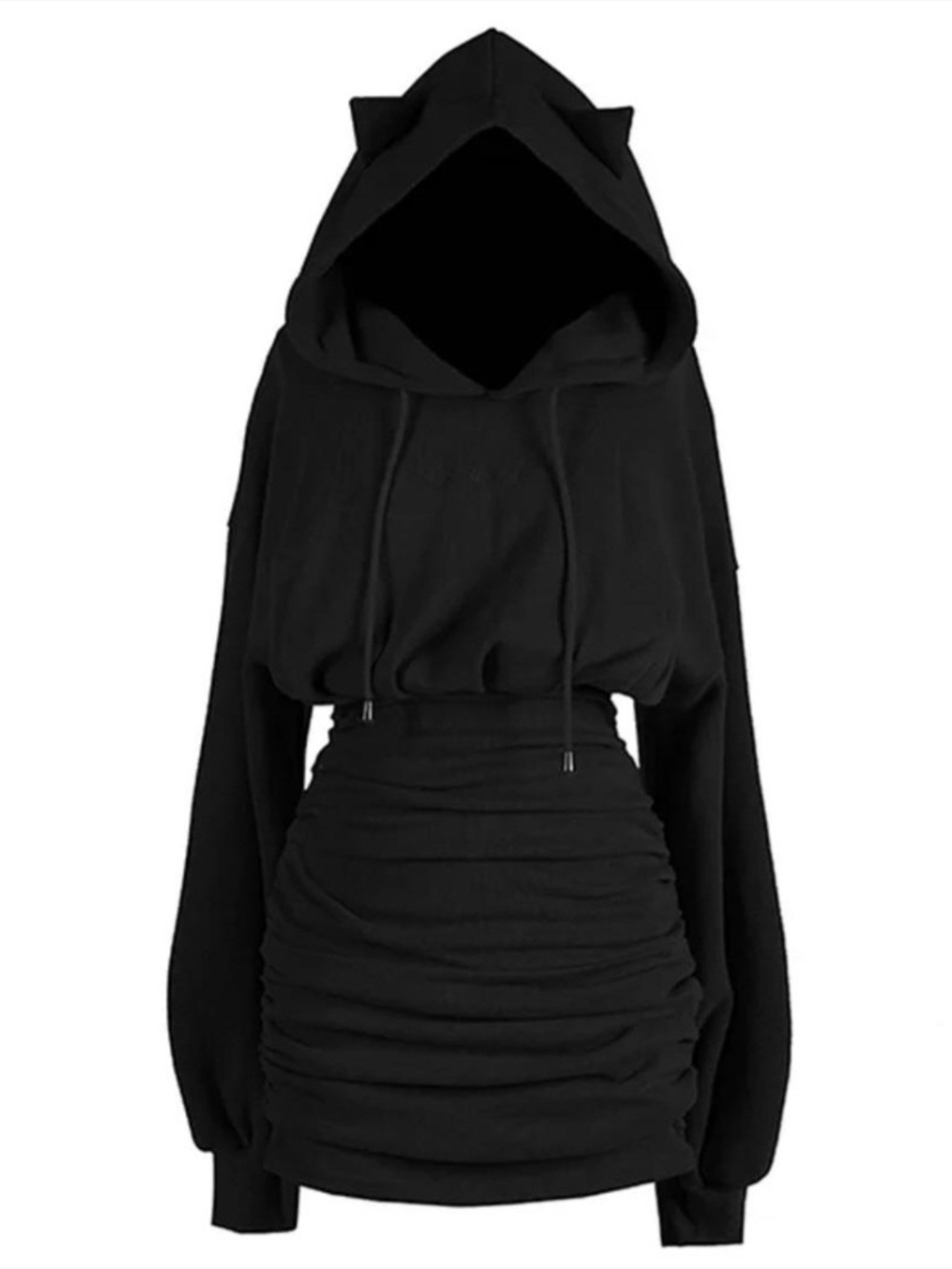 Goth Cat Ear Hooded Mini Dress Black Ruched Bodycon Sweatshirt Dress Medium NWOT